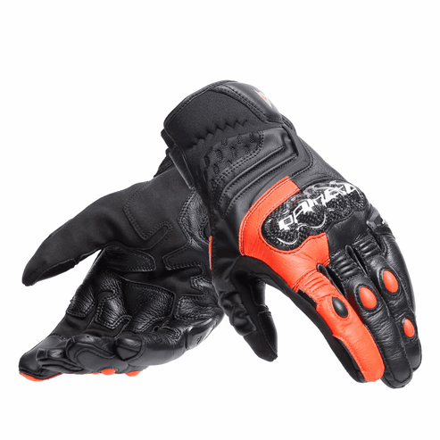 Luva Dainese Carbon 4 Curta Couro Preto e Vermelho Fluo - M